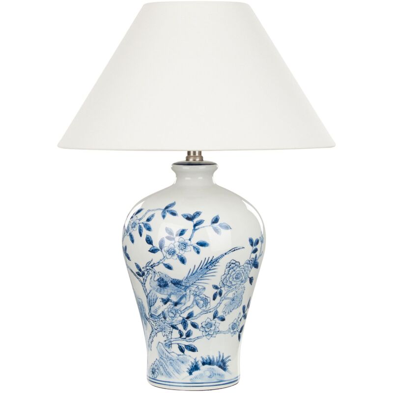 foto del prodotto lampada da tavolo classica con paralume in tessuto di lino base in porcellana bianco e blu 55 cm magros