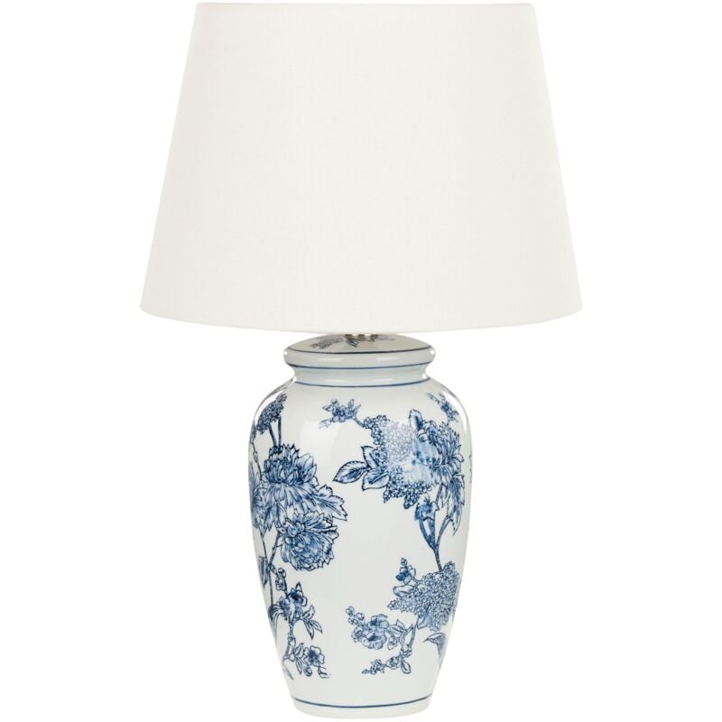foto del prodotto lampada da tavolo classica con paralume in tessuto di lino base in porcellana bianco e blu beluso