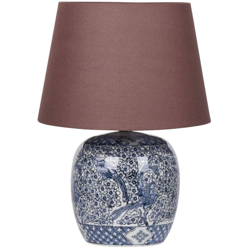 foto del prodotto lampada da tavolo classica con paralume in tessuto di lino marrone base in porcellana bianco e blu 46 cm neira