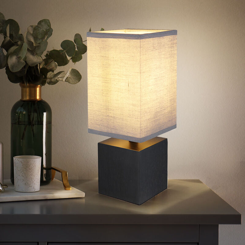 foto del prodotto lampada da tavolo comodino lampada da comodino lampada moderna con paralume nero, lampada da scrivania cubo di legno, tessuto antracite, 1x attacco