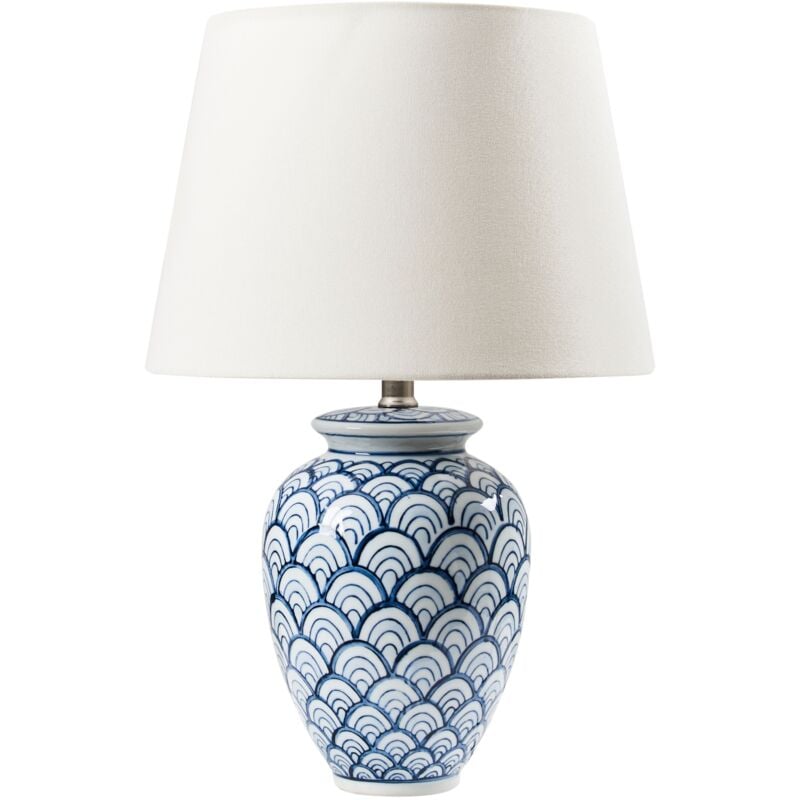 foto del prodotto lampada da tavolo con base in porcellana e paralume in lino blu bianco jauca