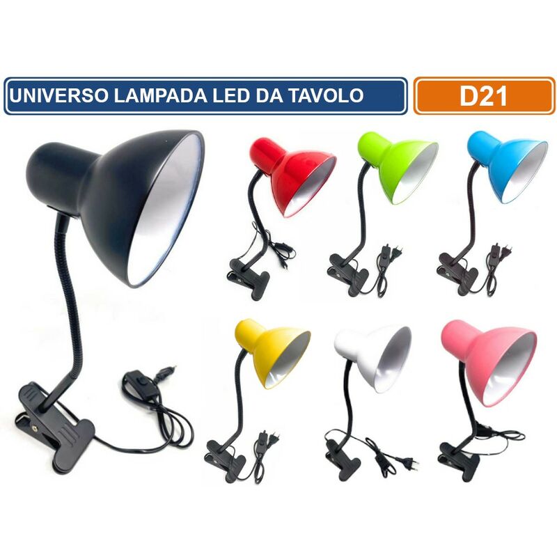 foto del prodotto lampada da tavolo con clips di fissaggio e braccio flessibile attacco e27 disponibile con colori assortiti colore nero