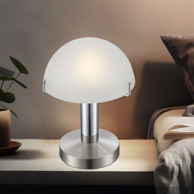 foto del prodotto lampada da tavolo con funzione touch lampada laterale lampada da comodino touch in vetro satinato, metallo cromato, led 3w 350lm bianco caldo, dxh