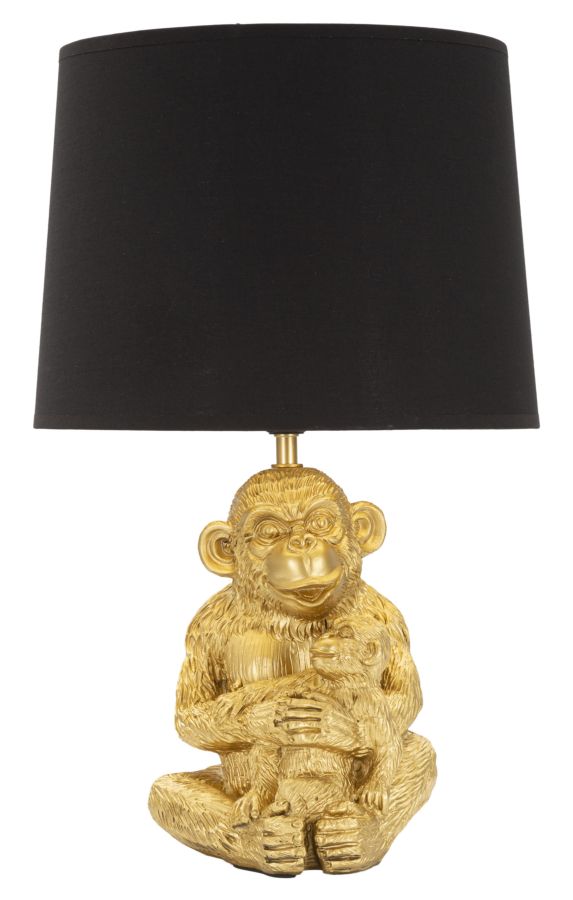 foto del prodotto lampada da tavolo con mamma scimmia dorata, paralume nero diam 30x49cm monkey mum