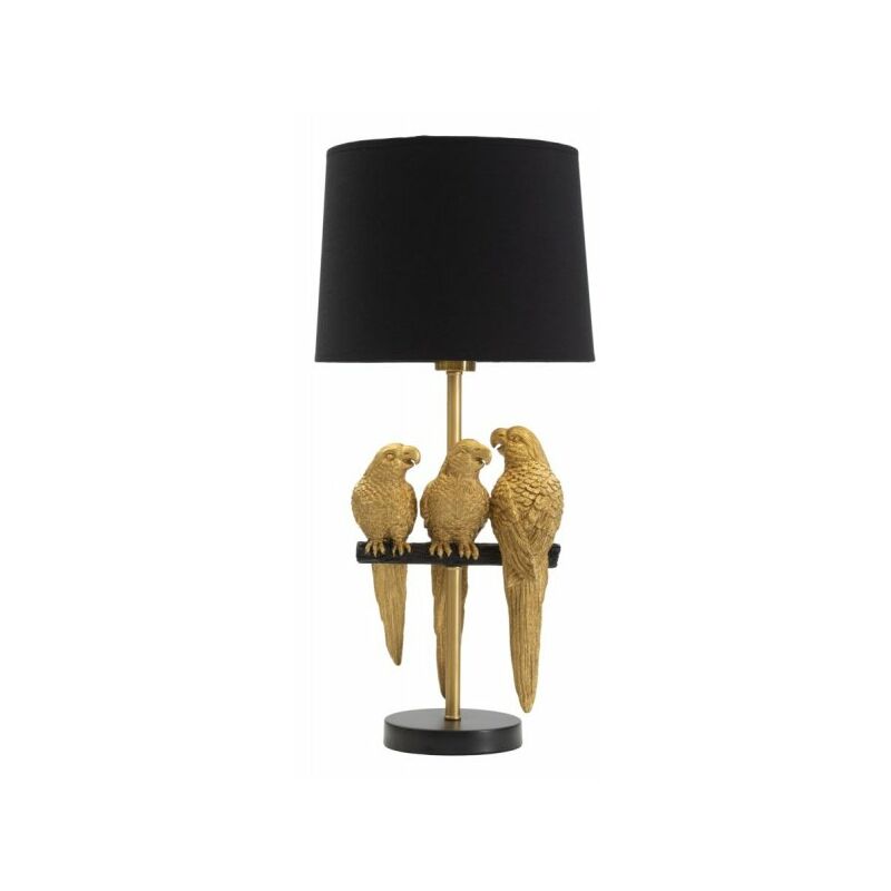 foto del prodotto lampada da tavolo con pappagalli dorati, paralume nero diam 30x62.5cm