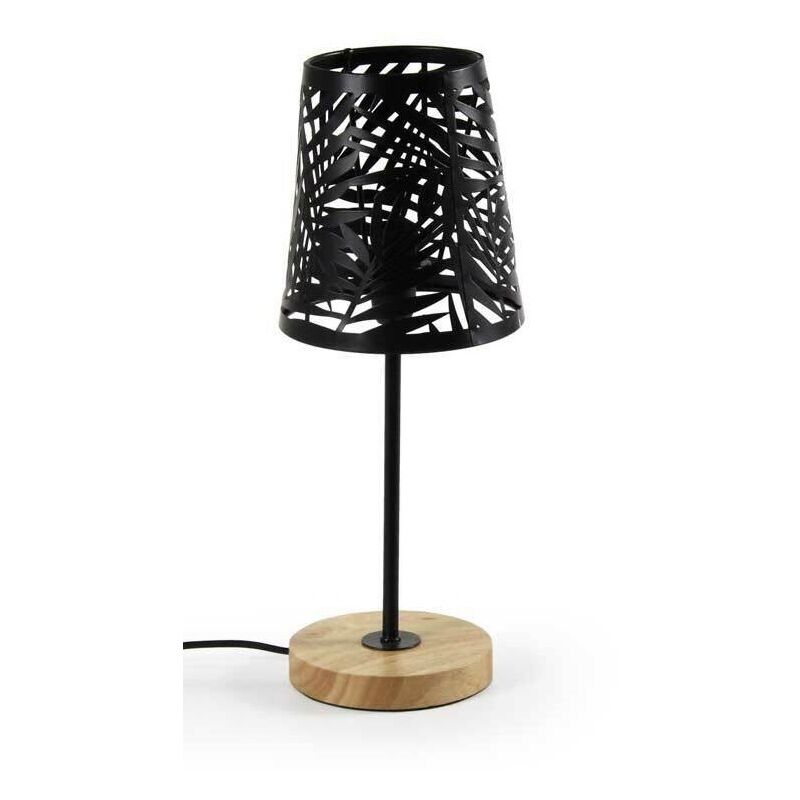 foto del prodotto lampada da tavolo con paralume a foglia nero e base tonda in legno 14 x 35 cm