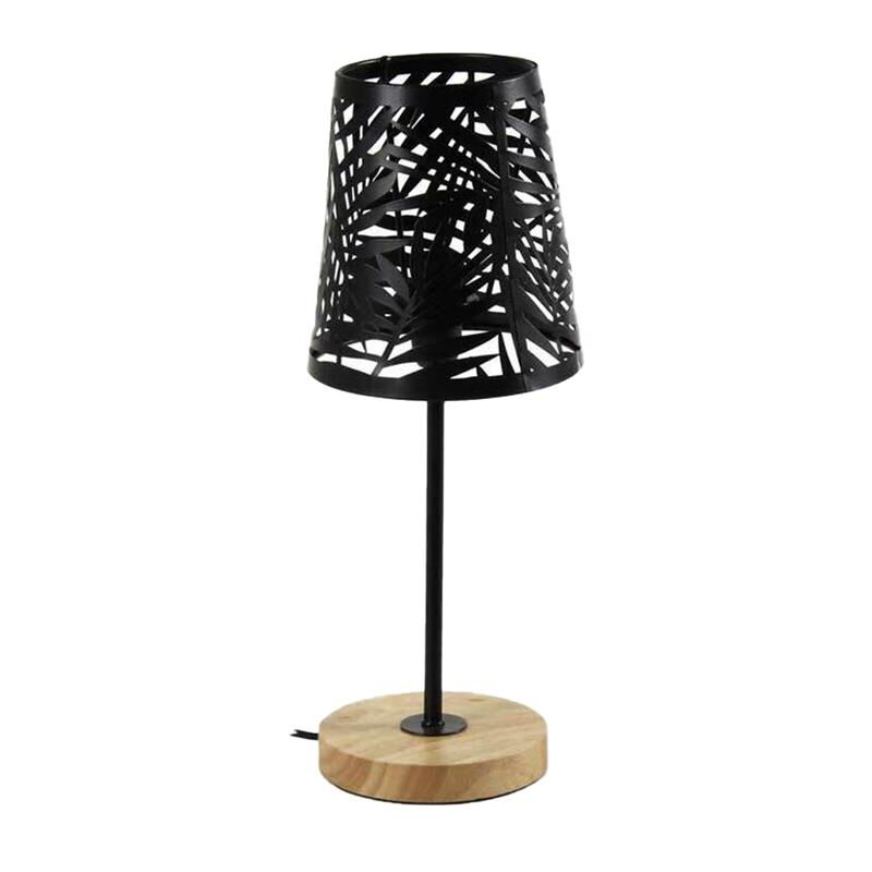 foto del prodotto lampada da tavolo con paralume a foglia nero e base tonda in legno 14 x 35 cm