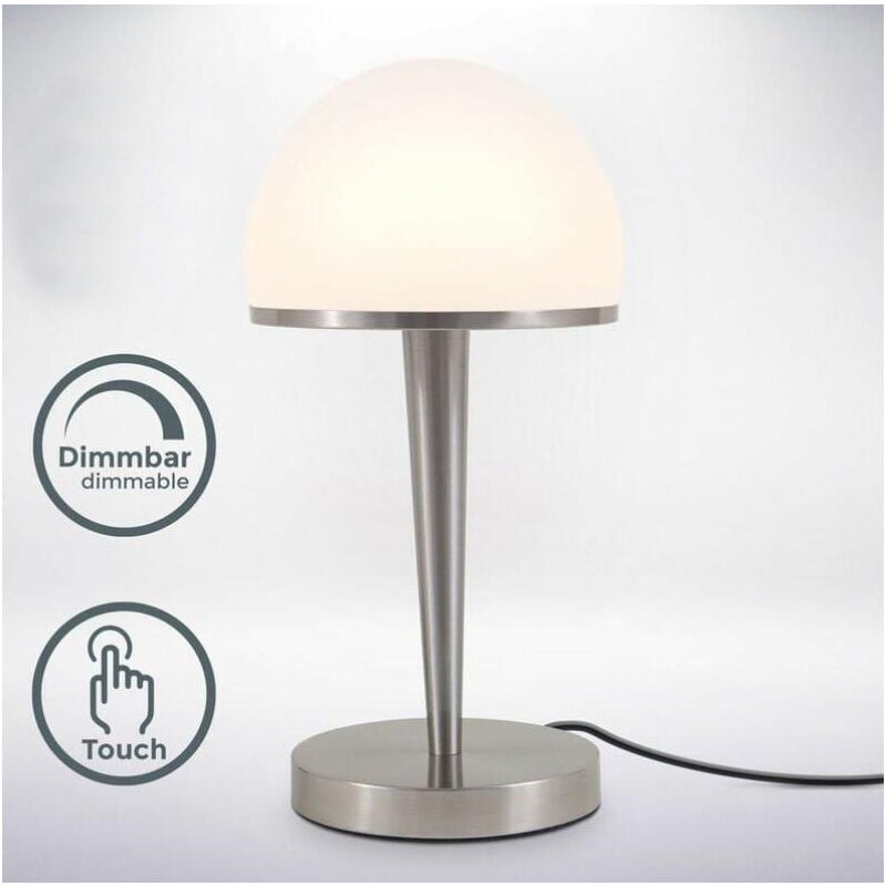 foto del prodotto lampada da tavolo con paralume in vetro dimmerabile tramite touch dimmer integrato lampada da comodino dimmerabile e27 vetro opalino
