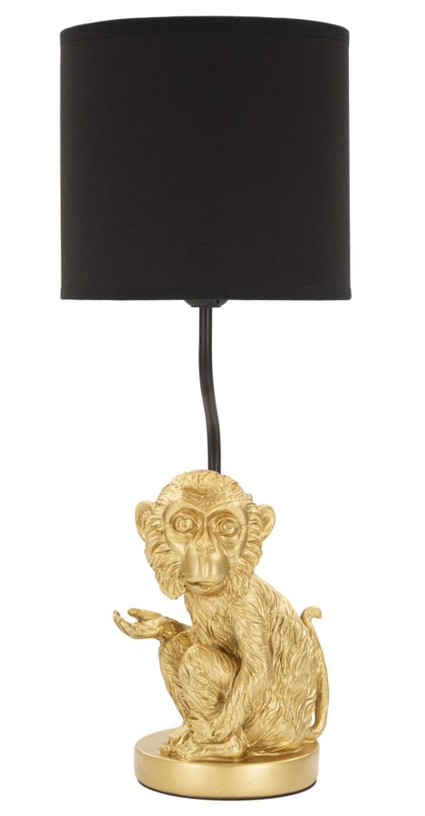 foto del prodotto lampada da tavolo con scimmia seduta dorata, paralume nero diam 20x51cm