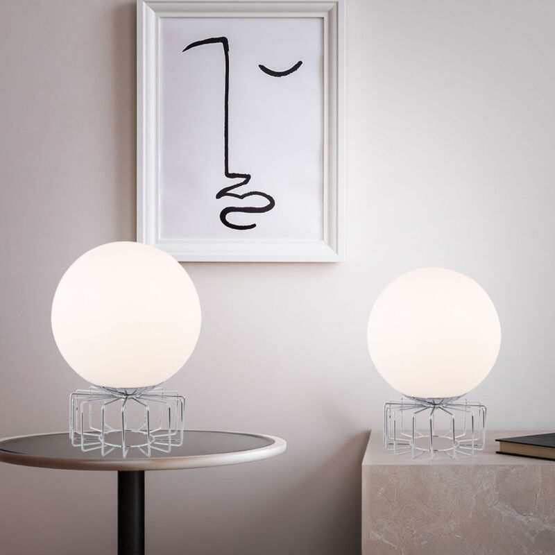 foto del prodotto lampada da tavolo cromata lampada laterale globo di vetro lampada da comodino a reticolo bianco cromato, metallo, attacco e14, dxh 15x20,3 cm, set di