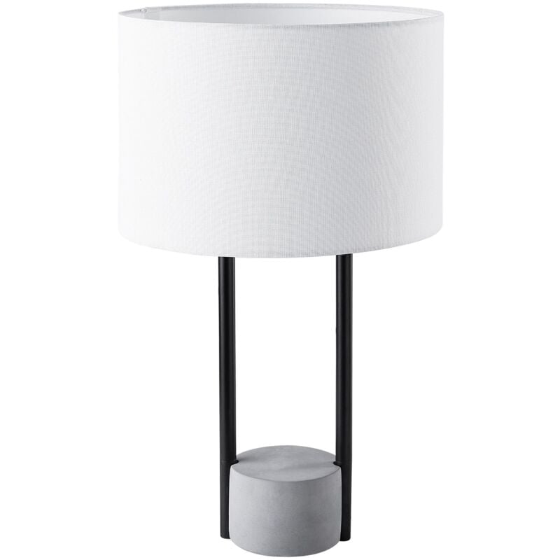 foto del prodotto lampada da tavolo da comodino in tessuto bianco tondo con paralume tondo e base in cemento grigio