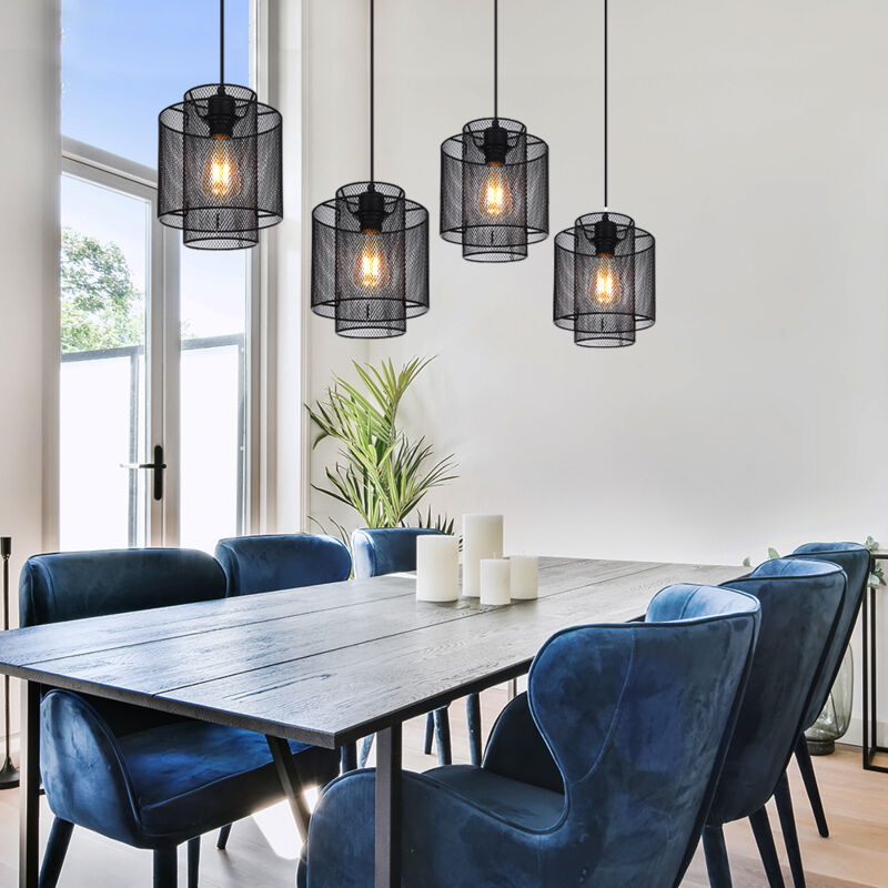 foto del prodotto lampada da tavolo da pranzo lampada a sospensione soggiorno lampada a sospensione industriale metallo nero 4 fiamme, design a griglia, 4x e27, lxh