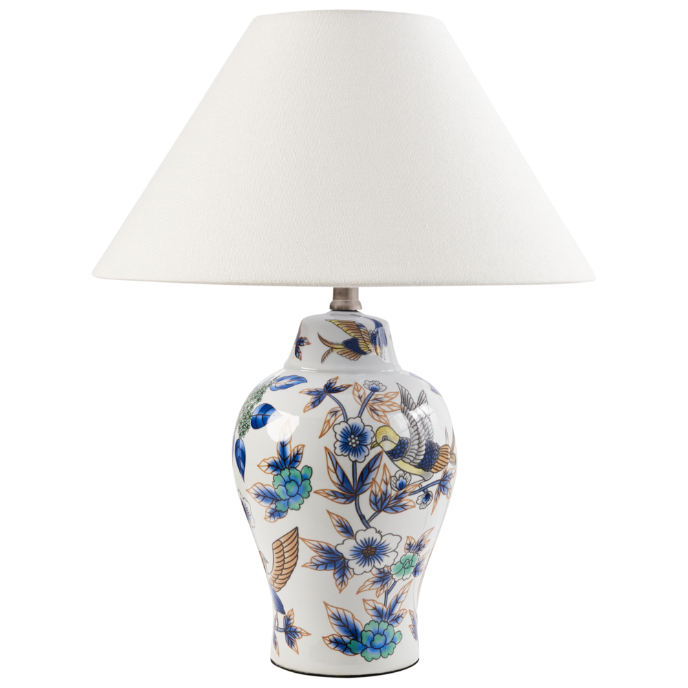 foto del prodotto lampada da tavolo elegante con base in porcellana bianco e blu con patten floreale illuminazione elegante