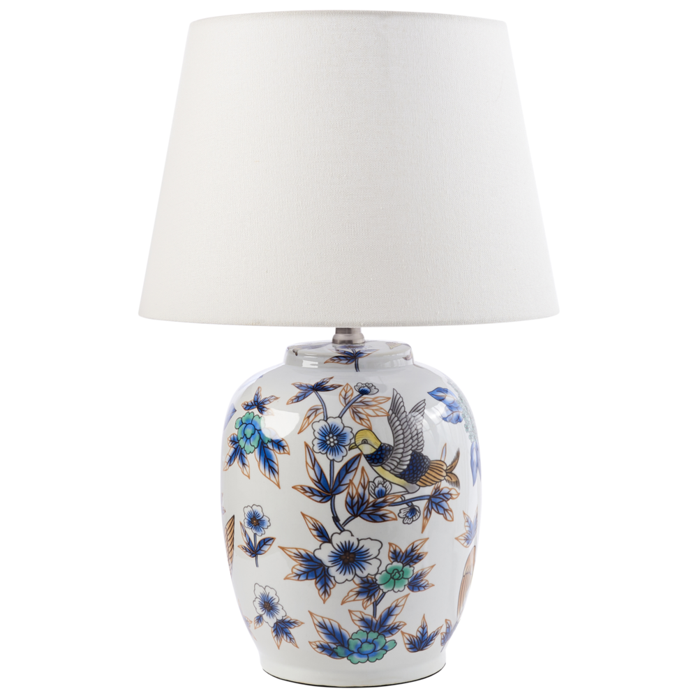 foto del prodotto lampada da tavolo elegante con base in porcellana bianco e blu con patten floreale illuminazione elegante