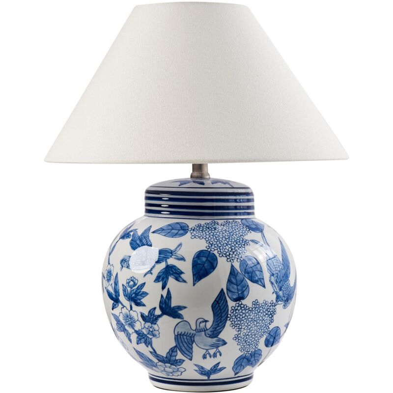 foto del prodotto lampada da tavolo elegante con base in porcellana patten floreale paralume a campana in lino illuminazione bianca e blu arunca