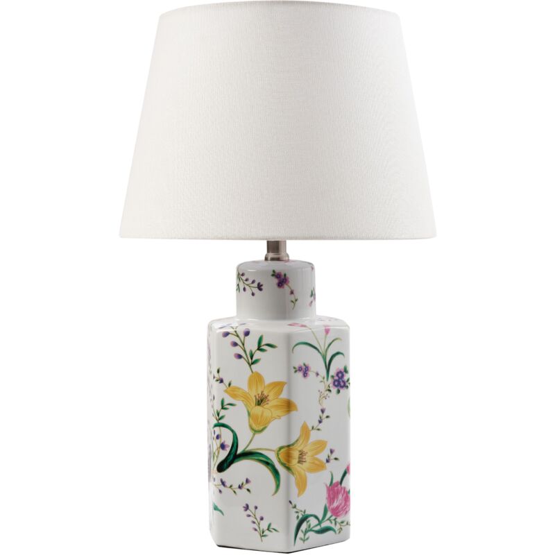 foto del prodotto lampada da tavolo elegante con base in porcellana patten floreale paralume in lino a tamburo illuminazione bianco cavado