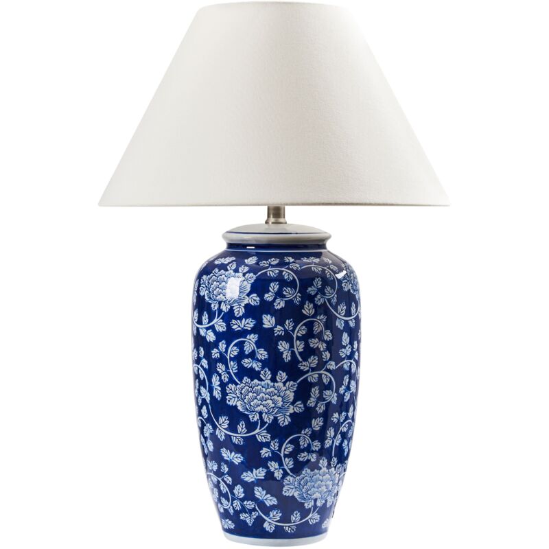foto del prodotto lampada da tavolo elegante con design floreale, base in porcellana, paralume cilindrico in lino del blu e bianco angeles.