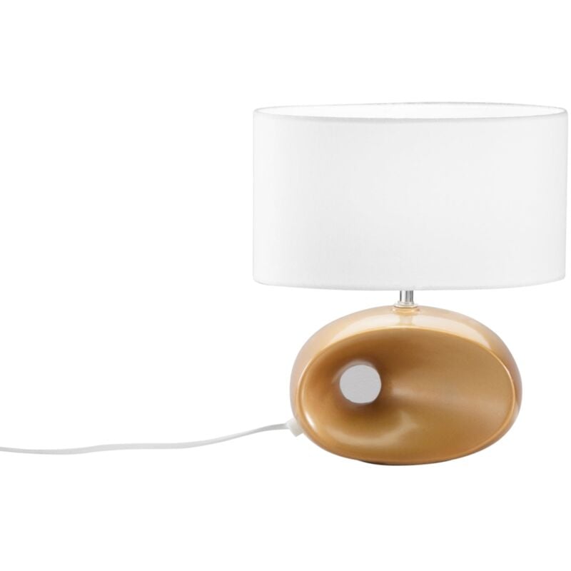 foto del prodotto lampada da tavolo eolo in ceramica dorata con paralume in tessuto bianco 35 cm. 