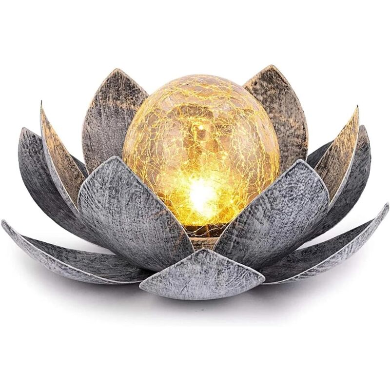 foto del prodotto lampada da tavolo esterna a led con luce solare a forma di loto in vetro incrinato, decorazione da giardino, lanterna solare in metallo, ninfea