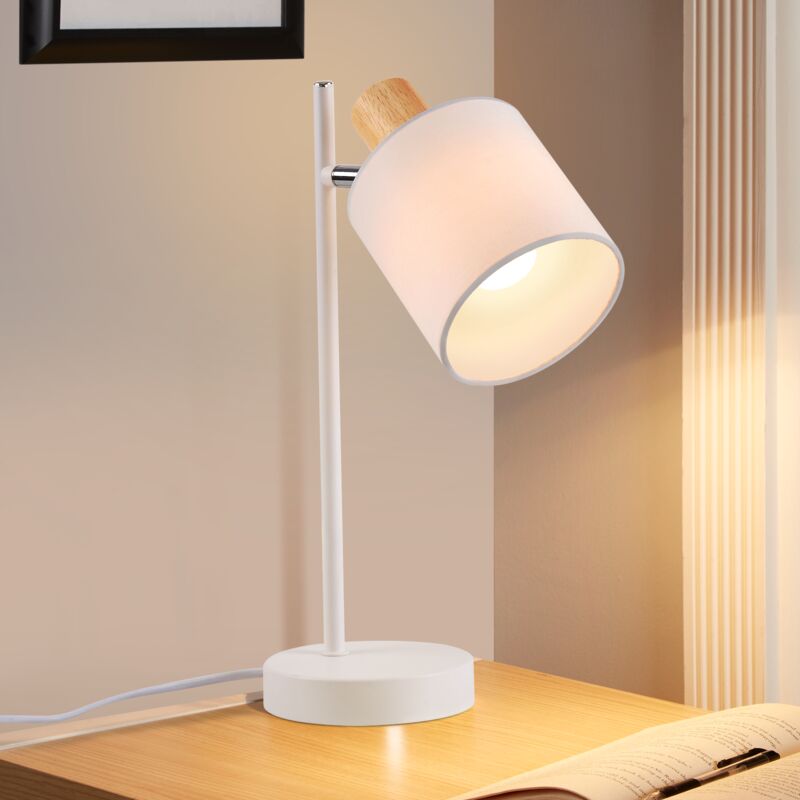 foto del prodotto lampada da tavolo gbly lampada da comodino in legno vintage lampada da tavolo e14 da 35,5 cm paralume in tessuto bianco con cavo interruttore e