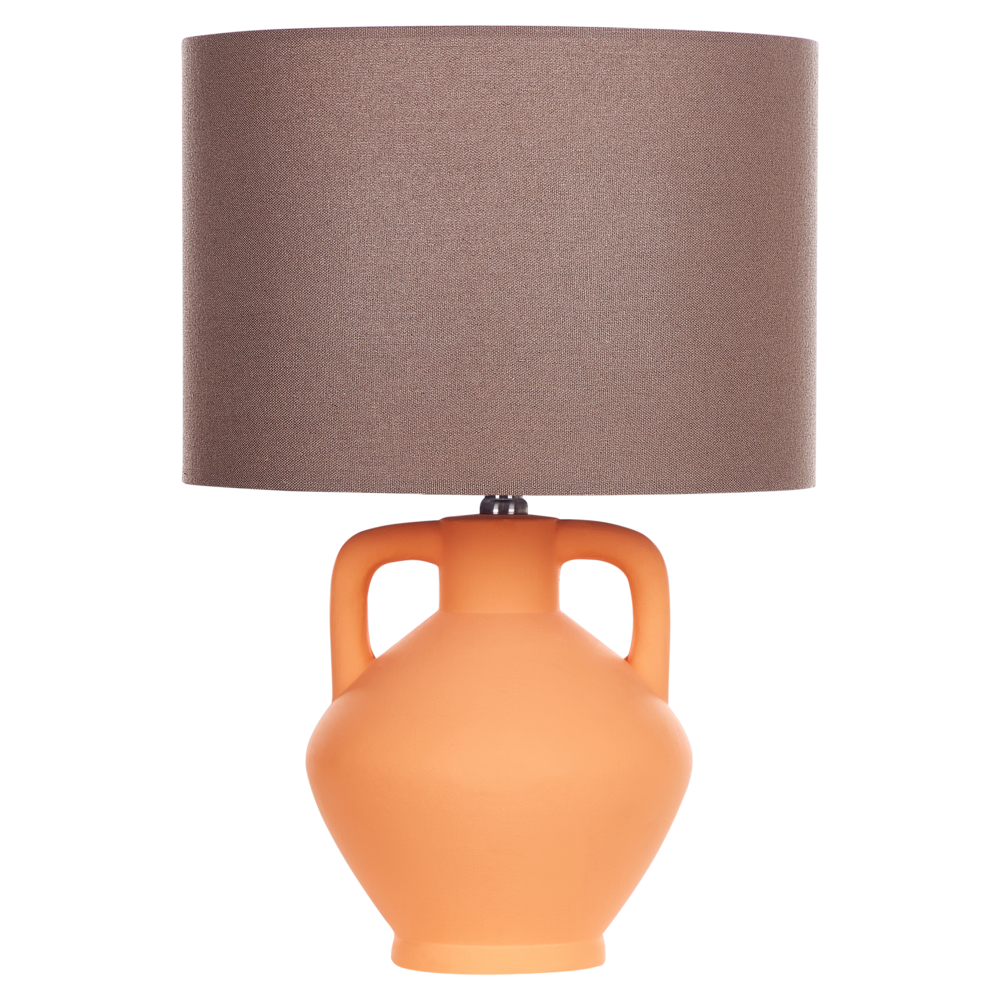 foto del prodotto lampada da tavolo in ceramica arancione con paralume a tamburo in lino base minimalista stile design contemporaneo