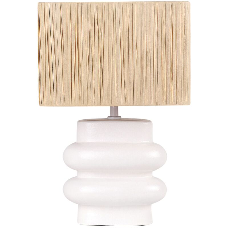 foto del prodotto lampada da tavolo in ceramica bianca con paralume a tamburo in lino judy