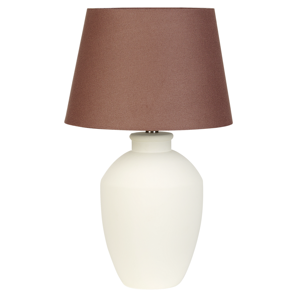 foto del prodotto lampada da tavolo in ceramica bianca con paralume in lino e base minimalista design stile contemporaneo