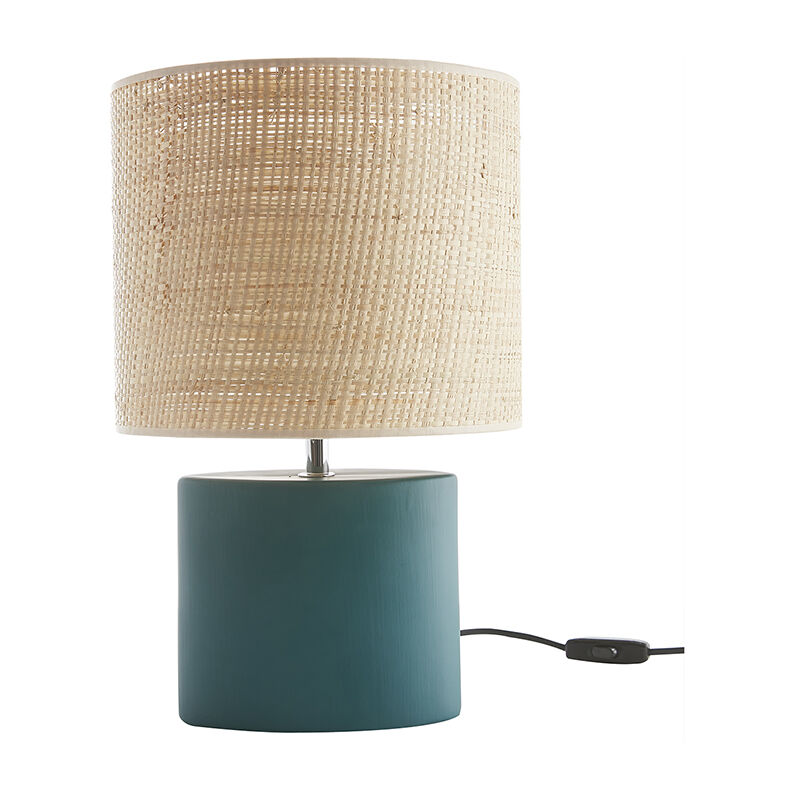 foto del prodotto lampada da tavolo in ceramica blu petrolio opaco e paralume in rafia naturale h40 m tiga