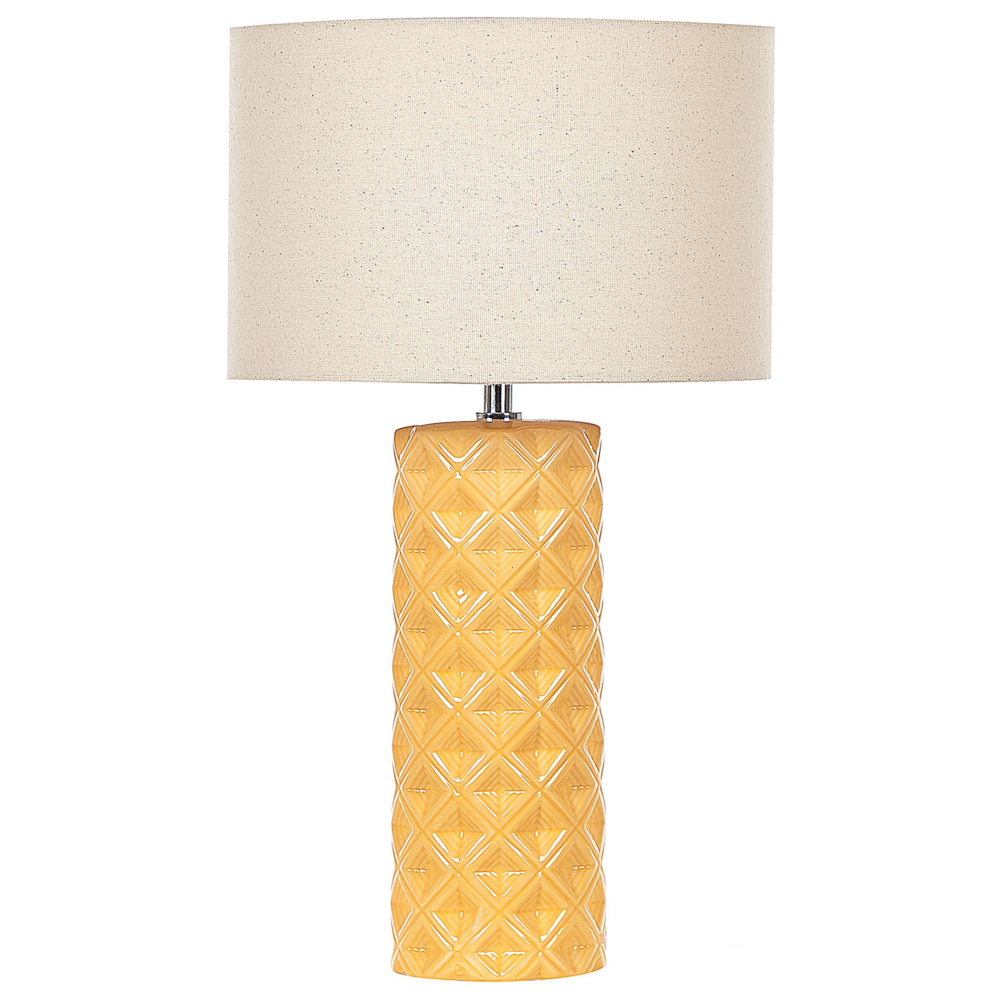 foto del prodotto lampada da tavolo in ceramica gialla 49 cm motivo geometrico beige paralume tamburo comodino soggiorno camera da letto illuminazione