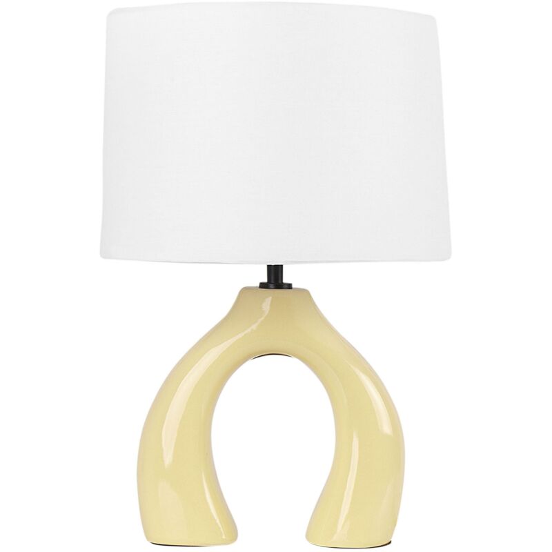 foto del prodotto lampada da tavolo in ceramica gialla con paralume a tamburo in lino abbie
