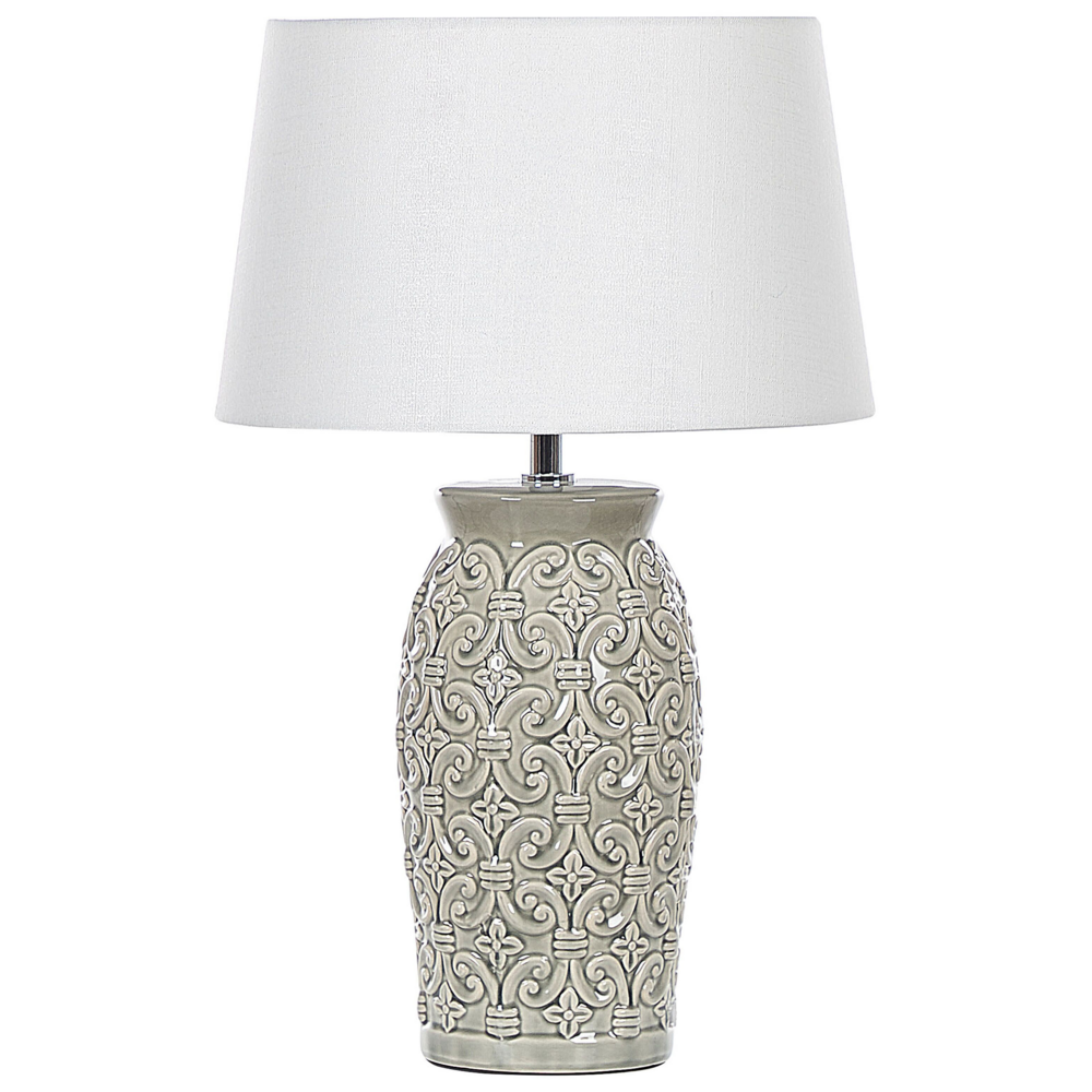 foto del prodotto lampada da tavolo in ceramica grigia 48 cm motivo ornamentale bianco impero paralume comodino soggiorno