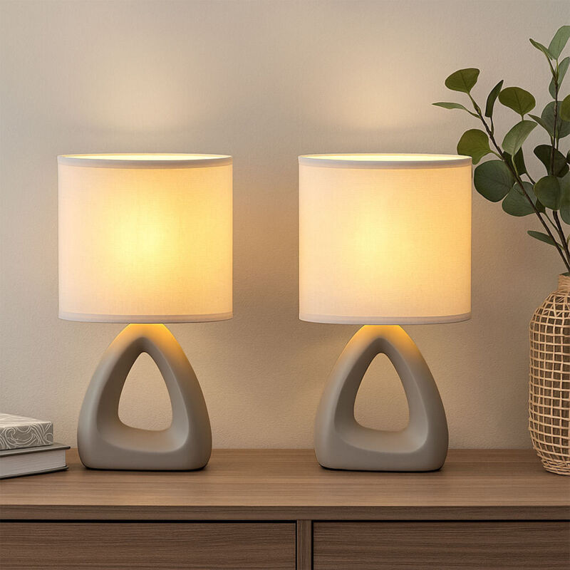 foto del prodotto lampada da tavolo in ceramica lampada da comodino paralume tessile grigio, attacco e14, lxlxh 17x10x30 cm, set di 2
