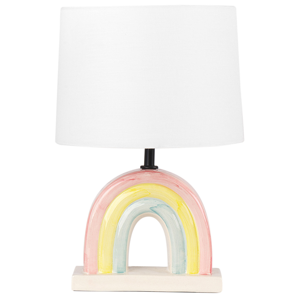 foto del prodotto lampada da tavolo in ceramica multicolore con paralume a tamburo in lino base minimalista design stile contemporaneo