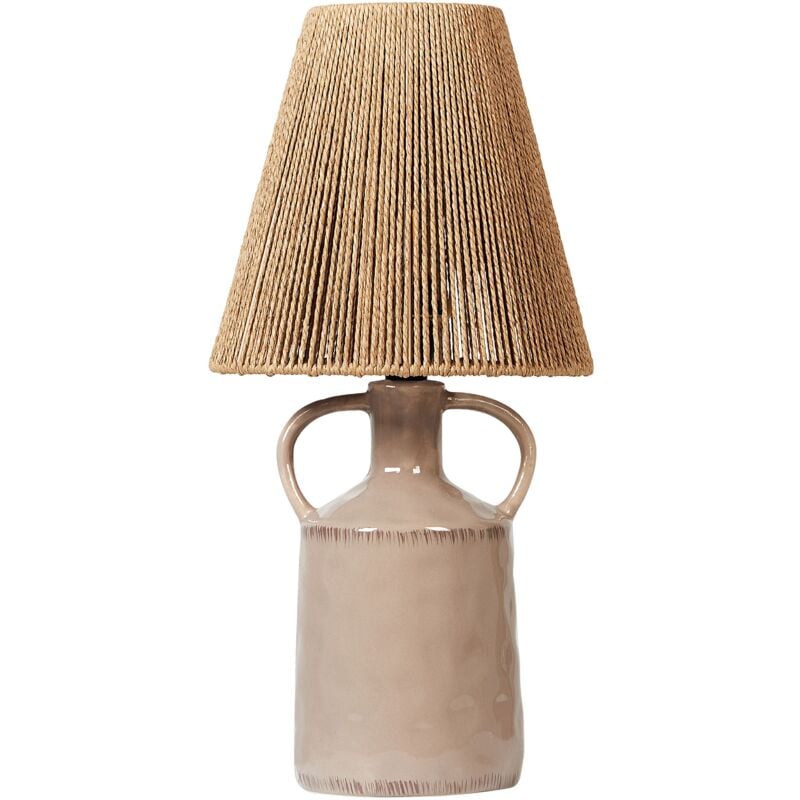 foto del prodotto lampada da tavolo in ceramica tortora con paralume in vimini naturale e carta a cono larissos