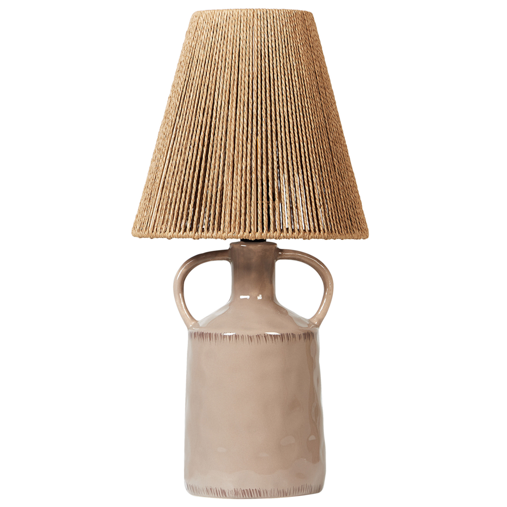 foto del prodotto lampada da tavolo in ceramica tortora con paralume in vimini naturale e carta a cono stile boho soggiorno camera da letto