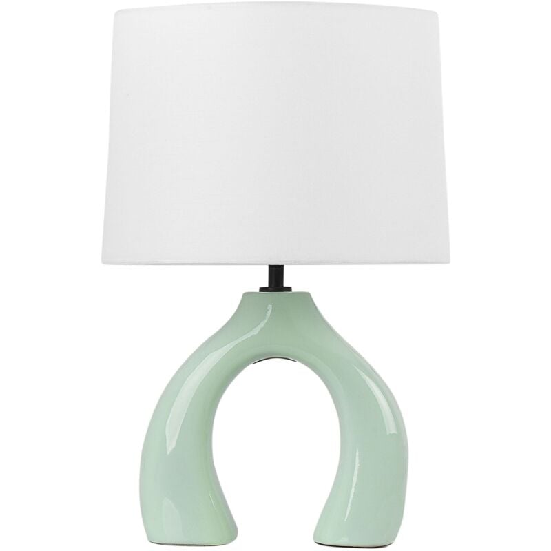 foto del prodotto lampada da tavolo in ceramica verde con paralume a tamburo in lino abbie