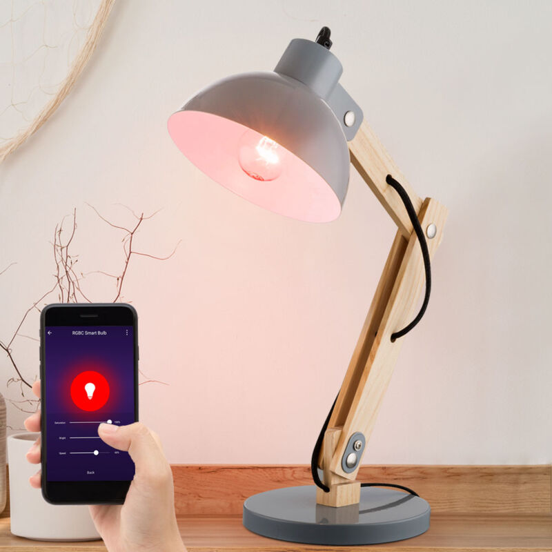 foto del prodotto lampada da tavolo in legno lampada da comodino dimmerabile lampada da camera led intelligente regolabile, app per cambiare colore rgb e controllo