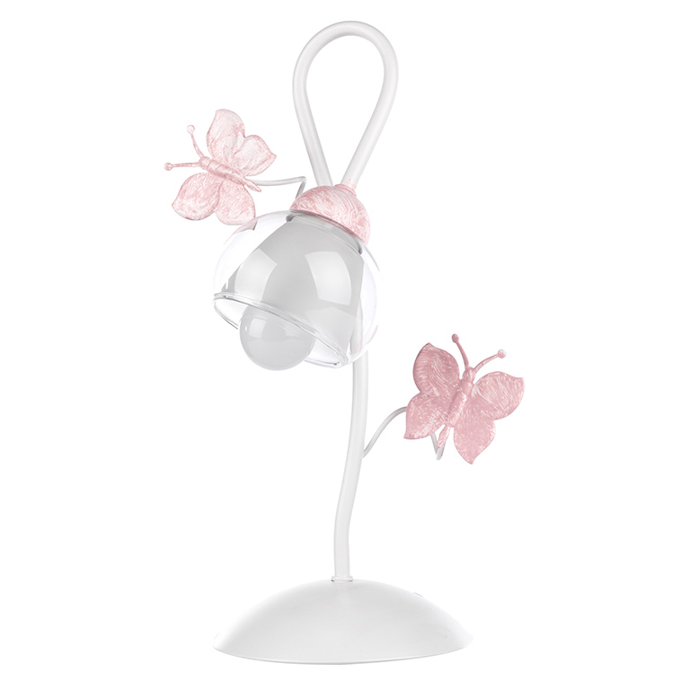 foto del prodotto lampada da tavolo in metallo farfalle dipinte vetro trasparente 6 w, bianco rosa onli