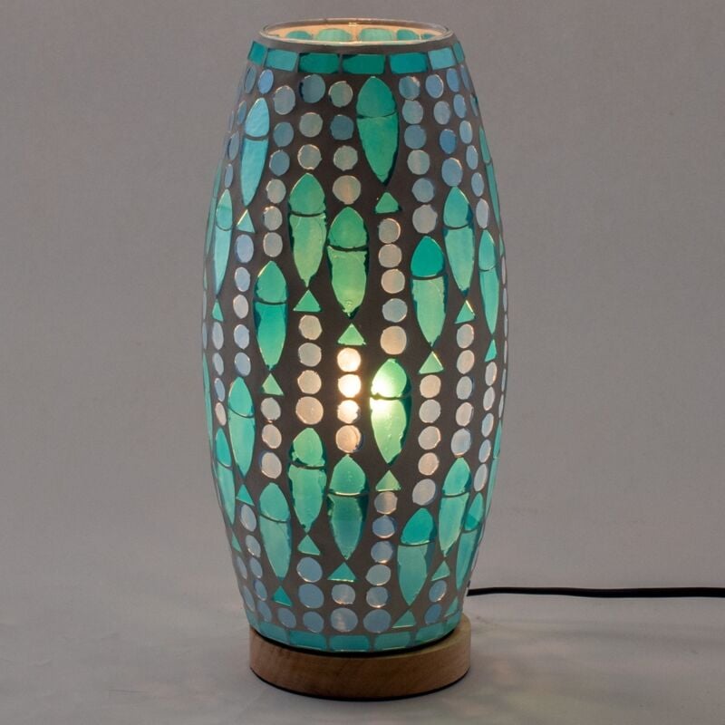 foto del prodotto lampada da tavolo in mosaico in stile indiano verde con vetro e legno