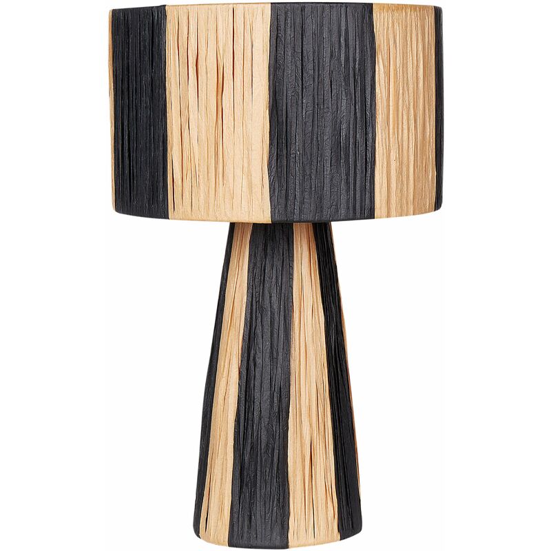 foto del prodotto lampada da tavolo in rafia a foglia di palma realizzata a mano con interruttore on off in stile boho naturale e nero welmel