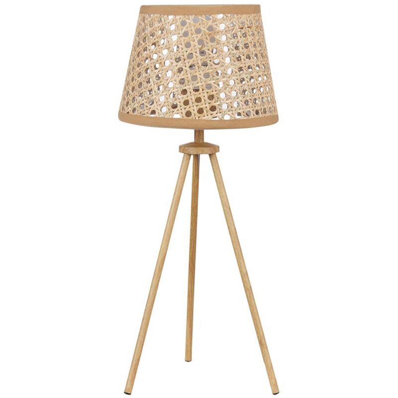 foto del prodotto lampada da tavolo in rattan con treppiede e paralume traforata boetica