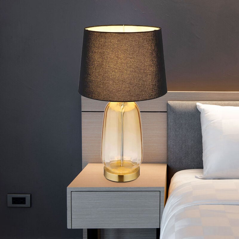 foto del prodotto lampada da tavolo in vetro ambrato lampada da comodino lampada da tavolo in tessuto nero lampada da soggiorno lampada laterale, 1x e27, dxh 30 x 52 cm
