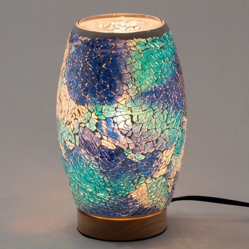 foto del prodotto lampada da tavolo in vetro blu indiano e mosaico in legno