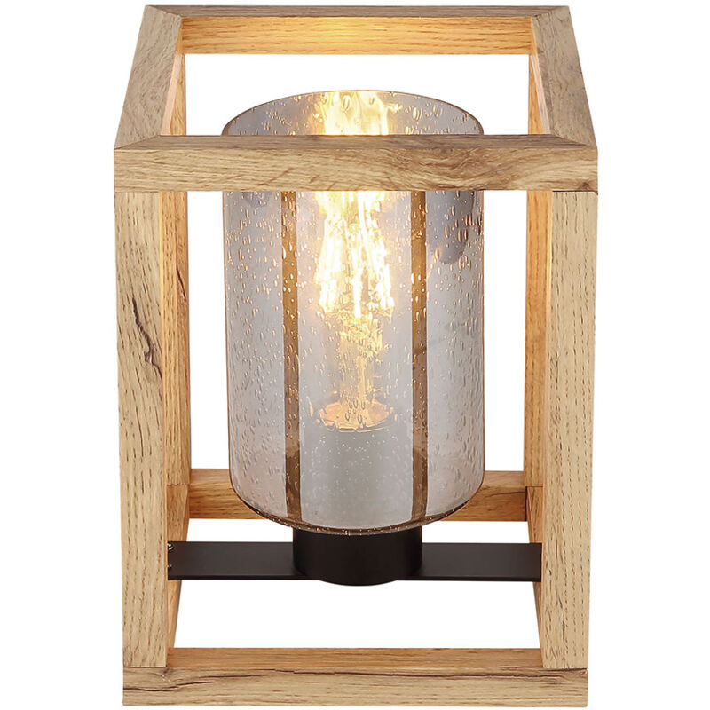 foto del prodotto lampada da tavolo in vetro fum lampada da tavolo nera lampada laterale in legno naturale, effetto bolla, attacco e27, lxlxh 17x17x22 cm