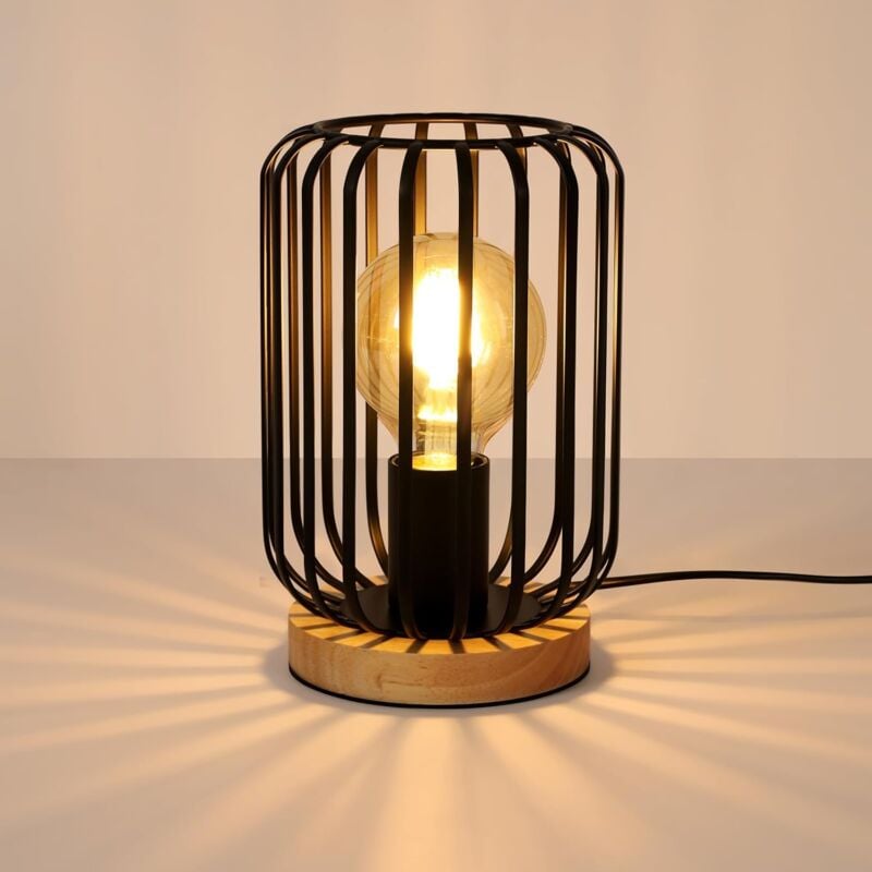 foto del prodotto lampada da tavolo industriale vintage, lampada da comodino in metallo con gabbia in legno e nero, lampada da tavolo con interruttore e portalampada