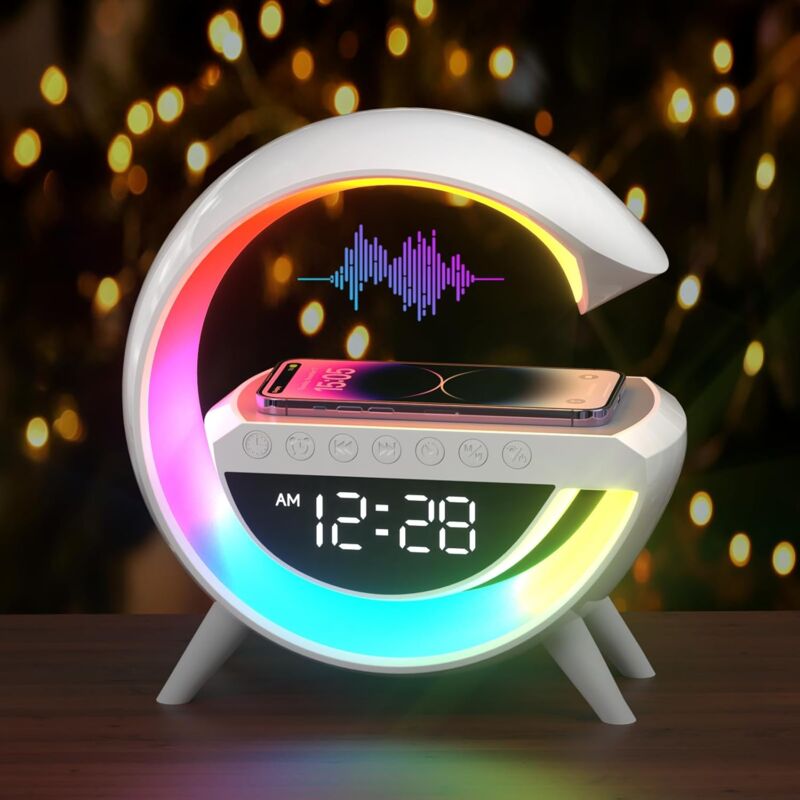 foto del prodotto lampada da tavolo intelligente con caricabatterie wireless da 15 w, sveglia, lampada d atmosfera, con altoparlante bluetooth, luci di marcia