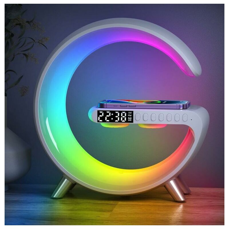 foto del prodotto lampada da tavolo intelligente, luce d atmosfera con caricatore wireless, altoparlante bluetooth, luce notturna regolabile con sincronizzazione