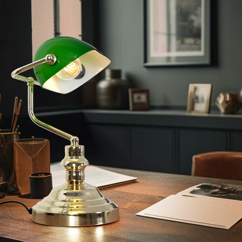 foto del prodotto lampada da tavolo lampada da banchiere in metallo con paralume lampada da comodino lampada da tavolo verde, paralume in vetro interruttore con cavo,