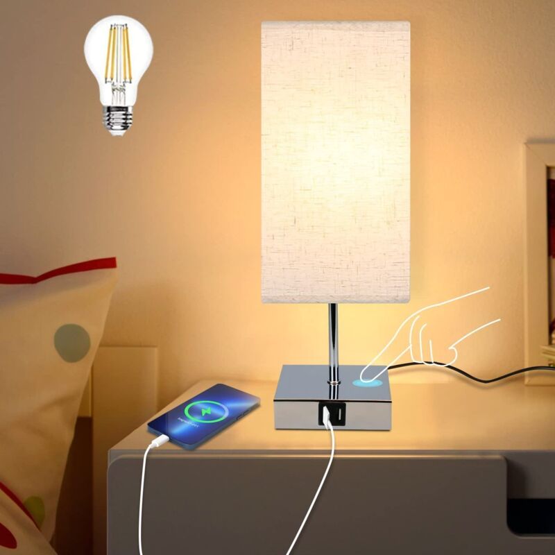 foto del prodotto lampada da tavolo, lampada da comodino dimmerabile, luce notturna touch, bianco caldo, e27, con funzione di ricarica usb, paralume in tessuto per