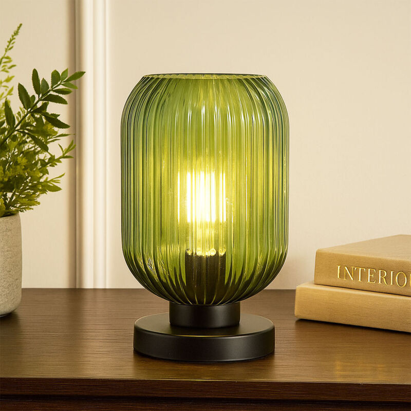 foto del prodotto lampada da tavolo, lampada da comodino, lampada da soggiorno, lampada da camera, lampada laterale, metallo nero, vetro verde, 1x e27, h 24 cm